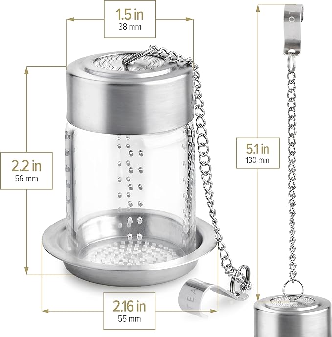 Teabloom Puresteep Glass Tea Infuser with Lid & Drip Tray – Non-Toxic Borosilicate Glass Loose Leaf Steeper with Stainless Steel Chain – Small or Large Size