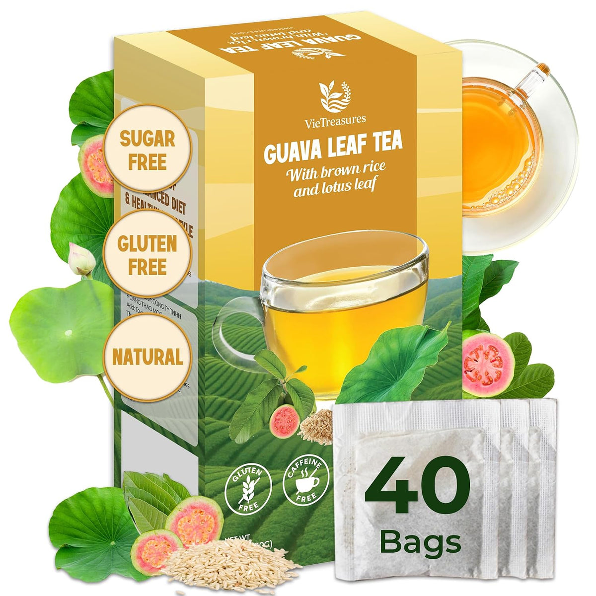 VieTreasures Fit Herbal Tea, Guava &amp; Lotus Leaf, 2.8oz, 40 Tea Bags