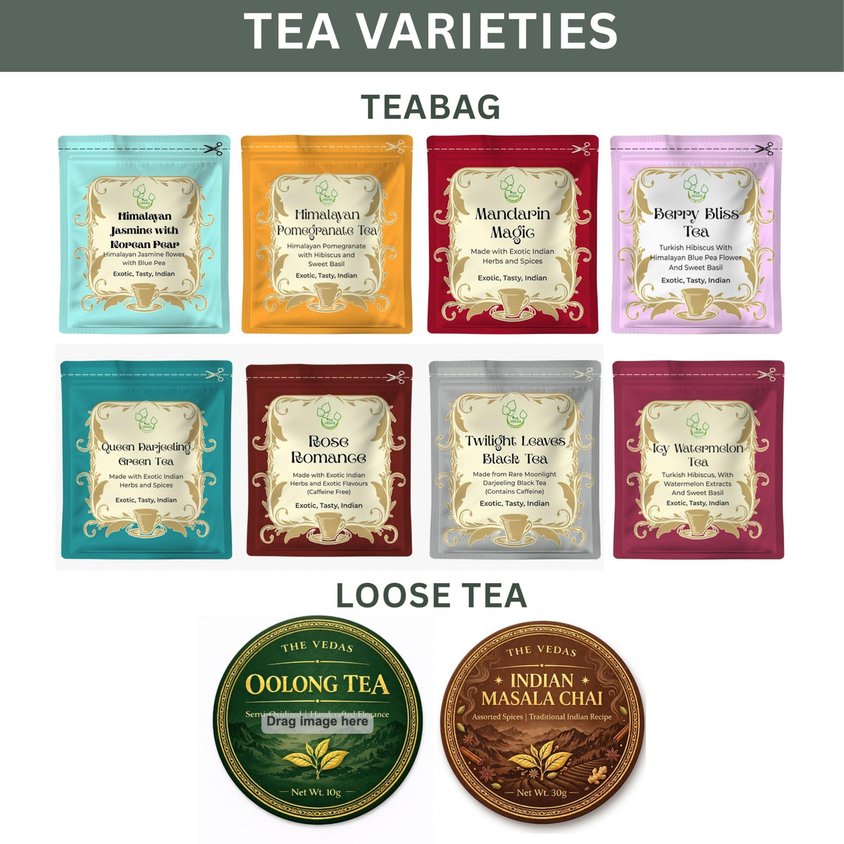 The Vedas Assorted tea sampler gift | 10 Exotic flavours | Premium Hand stitched cotton teabags of 8 different flavours along