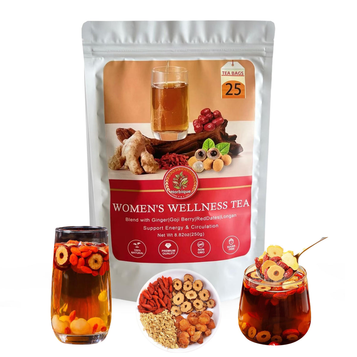 Harbique Organic Ginger Herbal Tea with Jujube(Red Date), Goji Berry & Longan – Caffeine Free Wellness Tea for Women, 25 Ct
