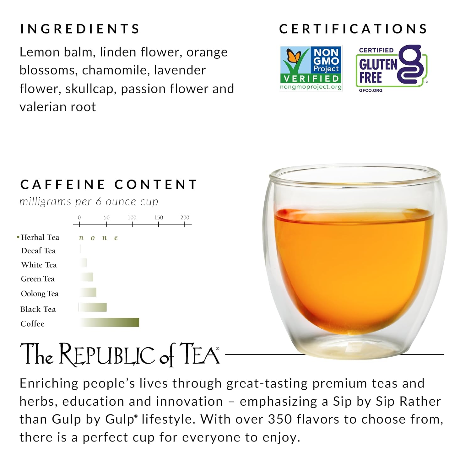 The Republic of Tea Chamomile Lemon Herbal Tea, Caffeine Free, 36 Count | Suitable for day or evening . Smooth and aroma