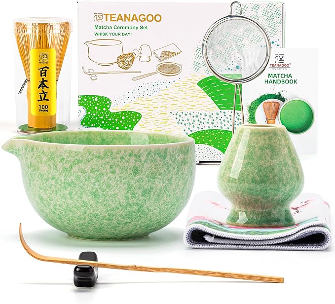 Teanagoo Matcha Whisk Set,7 Pcs Matcha Set Green,Ceremony Matcha Kit,Matcha Tea Set for Making Latte,Ceramic Bowl(chawan) whith Spout and Whisk