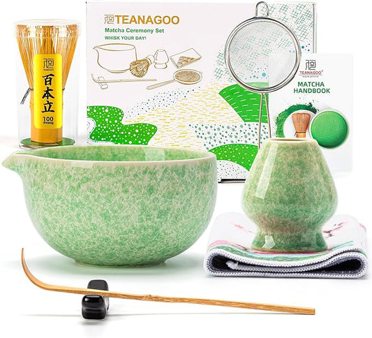 Teanagoo Matcha Whisk Set,7 Pcs Matcha Set Green,Ceremony Matcha Kit,Matcha Tea Set for Making Latte,Ceramic Bowl(chawan) whith Spout and Whisk