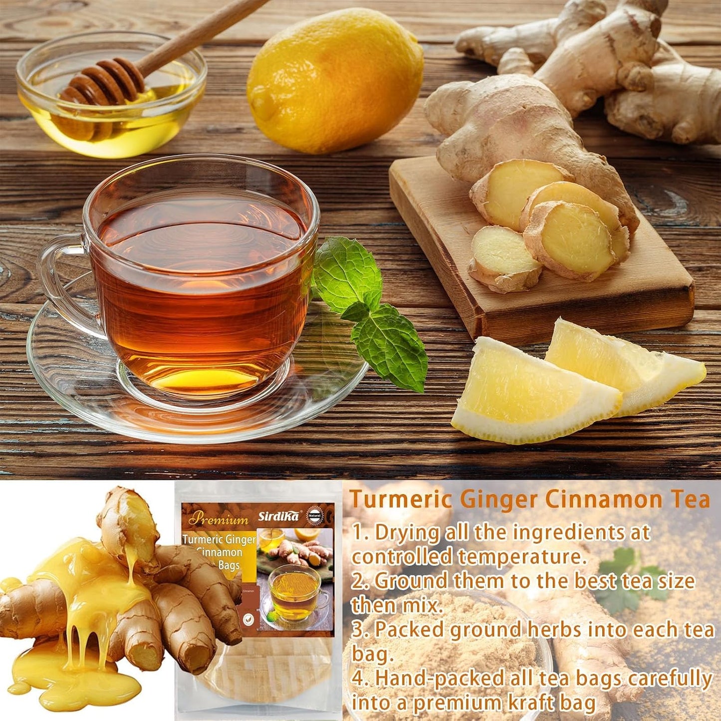 Turmeric and Ginger Powder Supplement - 60 Teabags 3 in 1 Turmeric Ginger Cinnamon Tea Bags, Curcuma Teas Bag Hand-made Blend, 100% Natural &amp; No Additives &amp; Caffeine Free, Improve Digestion, Support Brain, Weight, Skin and Sleep(60 Count)