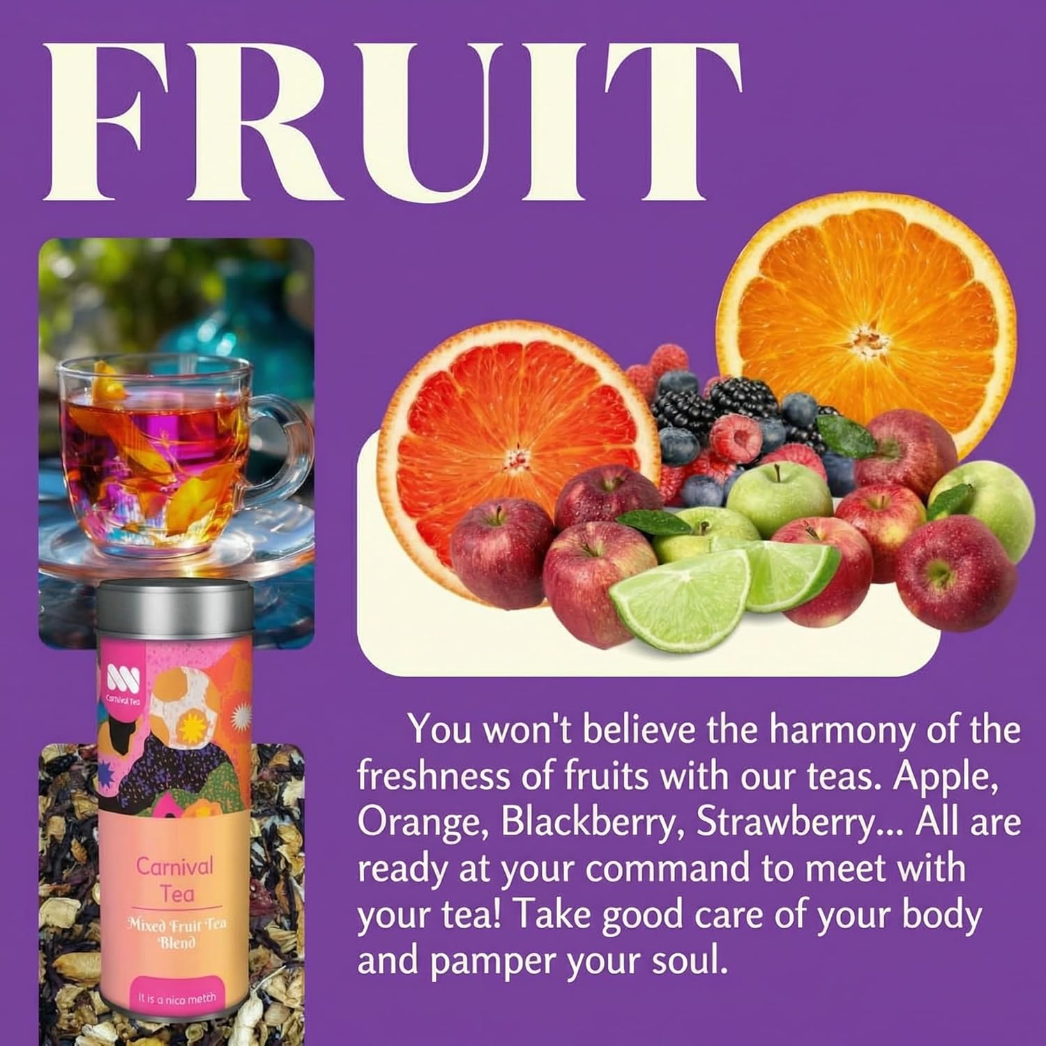 Carnival Mixed Fruit Tea Blend – Loose Leaf Herbal Tea with Strawberry, Apple, Peach, Raspberry, Blackcurrant, Hibiscus, Orange Peel, Lime & Rosehip - Caffeine Free & Antioxidant-Rich - 50g Tin, 18–20 Cups