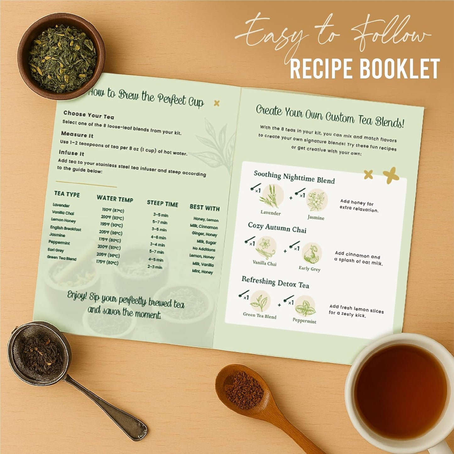 Loose Leaf Tea Sampler - Tea Gift Set Box – 8 Unique Flavors with Stainless Steel Infuser | Vanilla Chai, Jasmine, Lemon Honey & More | Tea Gift Set for Women and Men - Set of 9 - Gifts For Mom