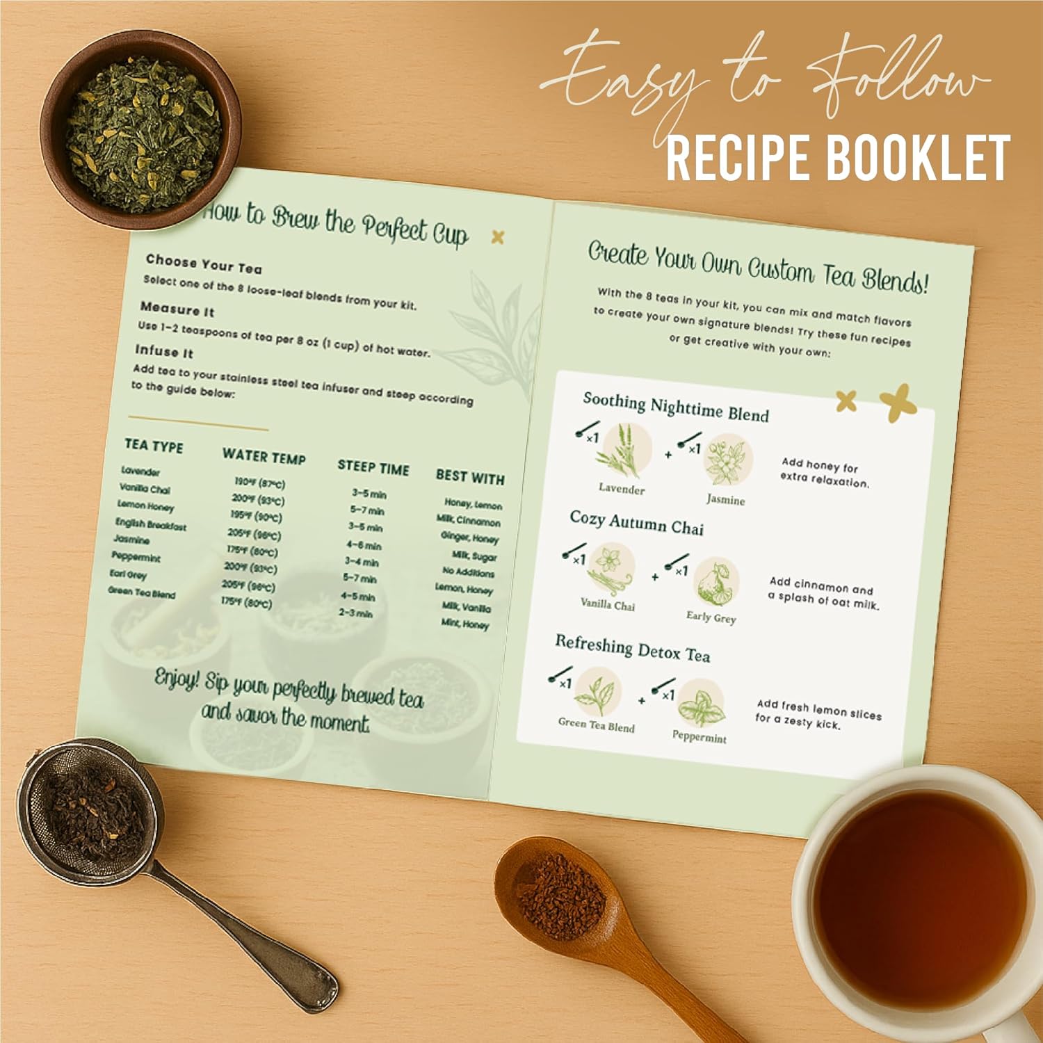 Loose Leaf Tea Sampler - Tea Gift Set Box – 8 Unique Flavors with Stainless Steel Infuser | Vanilla Chai, Jasmine, Lemon Honey & More | Tea Gift Set for Women and Men - Set of 9 - Gifts For Mom