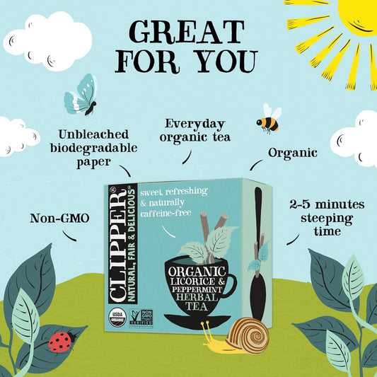 Clipper Organic Licorice &amp; Peppermint Tea, 4 pack / 200 Tea Bags | Naturally caffeine free herbal tea in unbleached tea bags, USDA Organic, Non-GMO approved