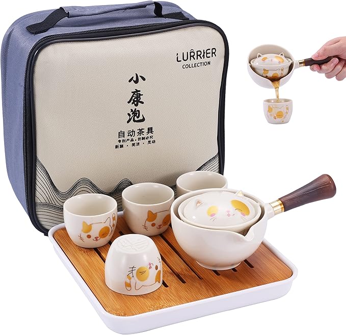 LURRIER Porcelain Chinese Gongfu Tea Set,Portable Teapot Set with 360 Rotation Tea maker and Infuser