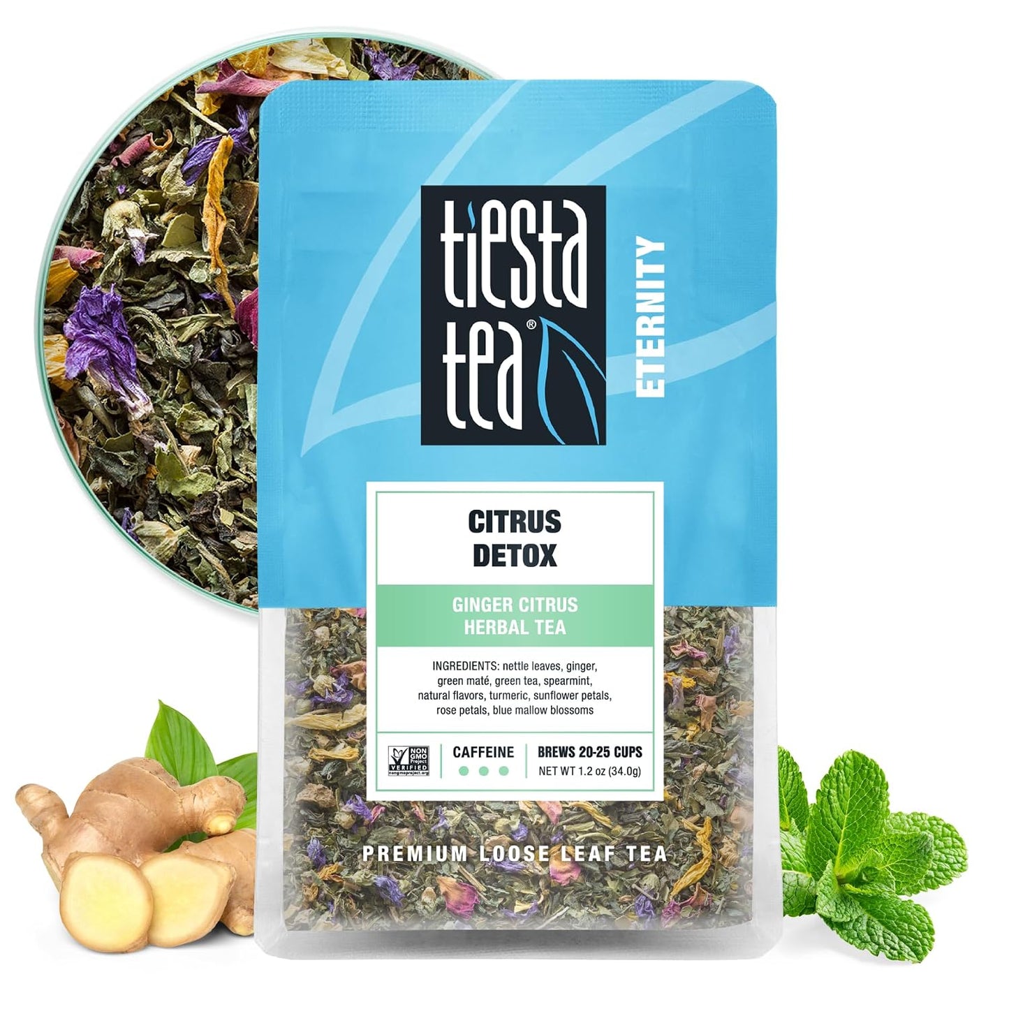 Tiesta Tea - Ginger Citrus Herbal Loose Leaf Tea | Lemon Ginger Tea with Mint and Chamomile, Caffeine-Free, Brew Hot or Iced, Makes Up to 25 Cups, Resealable Pouch, 1.2 Ounce