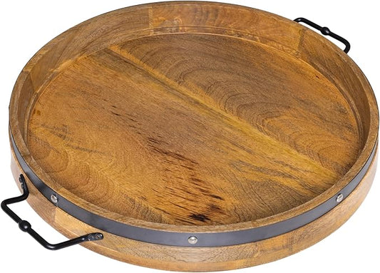 20" Extra Large Round Ottoman Tray, Heavy Duty Mango Wood, for Serving Tea, Breakfast in Bed, Living Room Large Coffee Table Tray Rustic with Farmhouse Style, Decorative Handles and Accent Strap