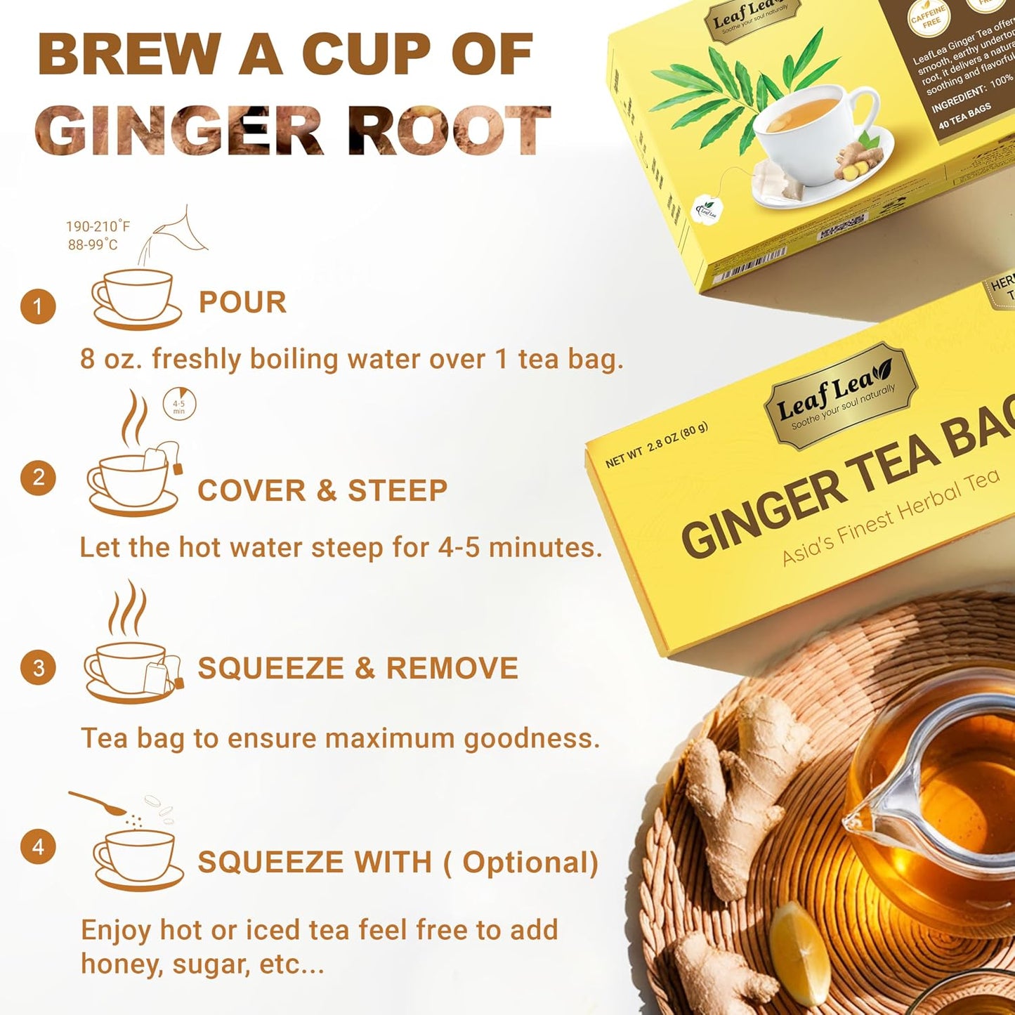 LeafLea Ginger Tea Bags, Pure Ginger Root Herbal Tea, 40 Count | Strong &amp; Spicy Single-Ingredient Brew, Individually Foil-Wrapped For Freshness, Caffeine-Free, Sugar-Free, Vegan