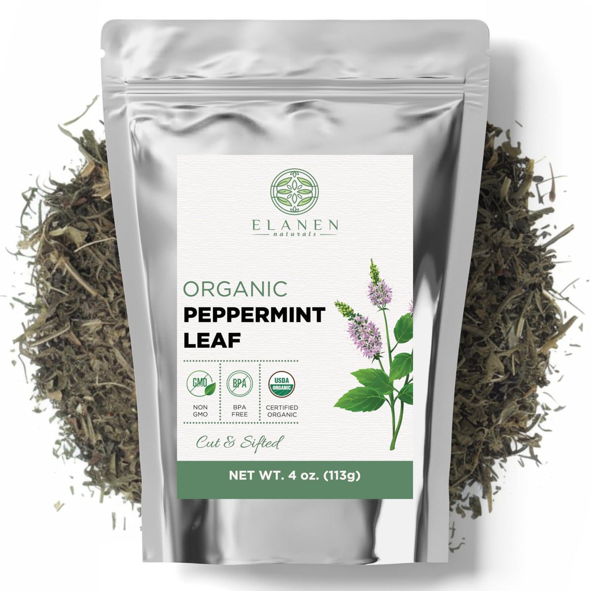 Elanen Naturals Organic Peppermint Leaves 4 oz. (113g), USDA Certified Organic Peppermint Tea Loose Leaf, Dried Mint, Dry