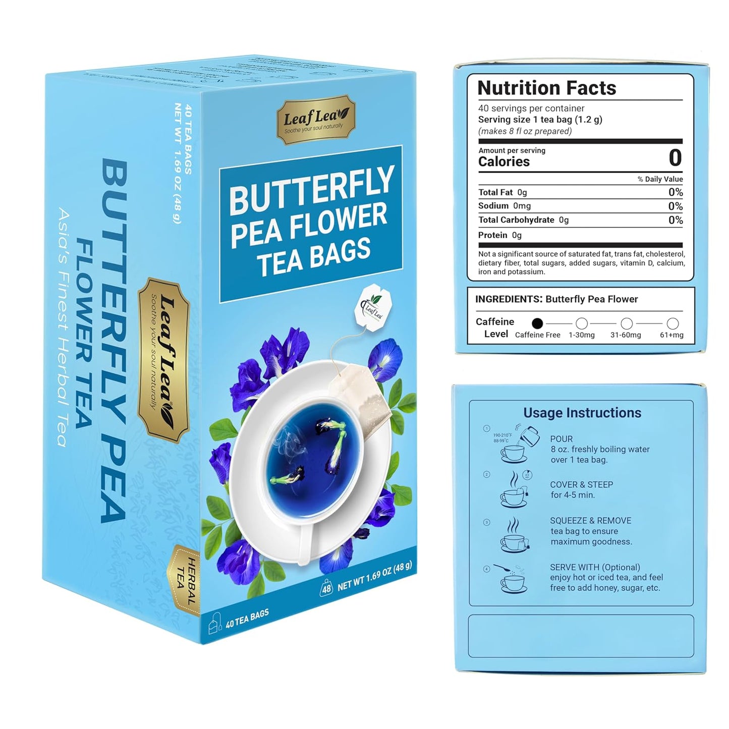 LeafLea Butterfly Pea Tea Bags, 100% Butterfly Pea Flowers, 80 Count