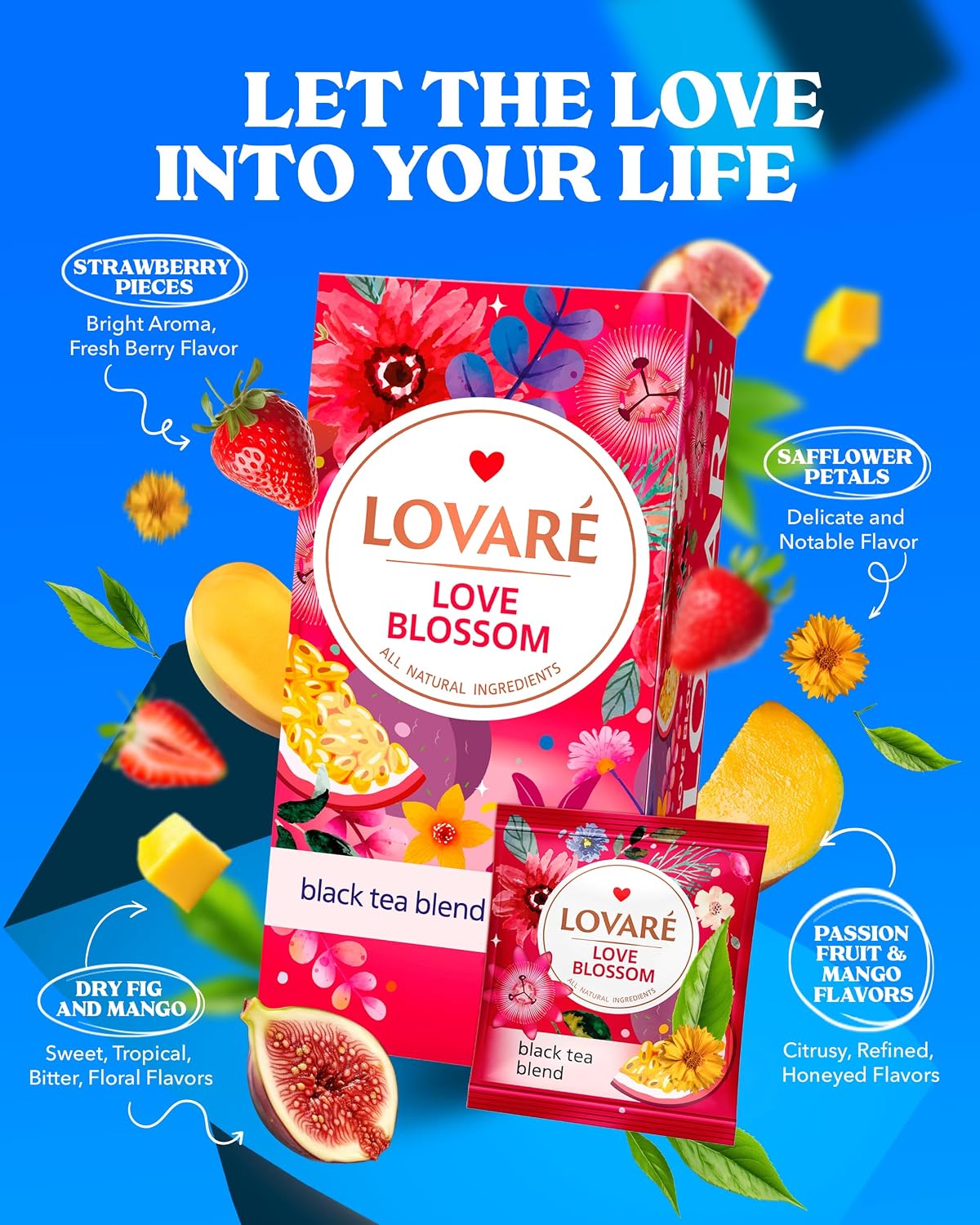 Individually Wrapped Tea Bags By Lovare Made in Ukraine - Black and Green, Floral, Passion Fruit, Huchlebbery Herbal Set with Flowers - Gift Box For Blooming Tea Lovers Men &amp; Women - 48 g (24 tea bags x 2 g each) (Love Blossom)