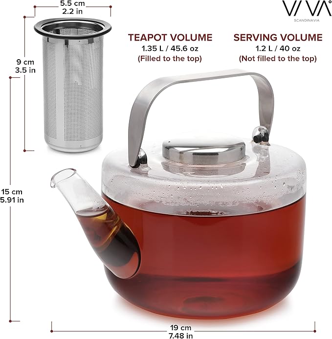 Viva Bjorn Borosilicate Glass Tea Pot for Stovetop with Loose Leaf Tea Infuser Mesh - 40 ounce/1.18 Liter