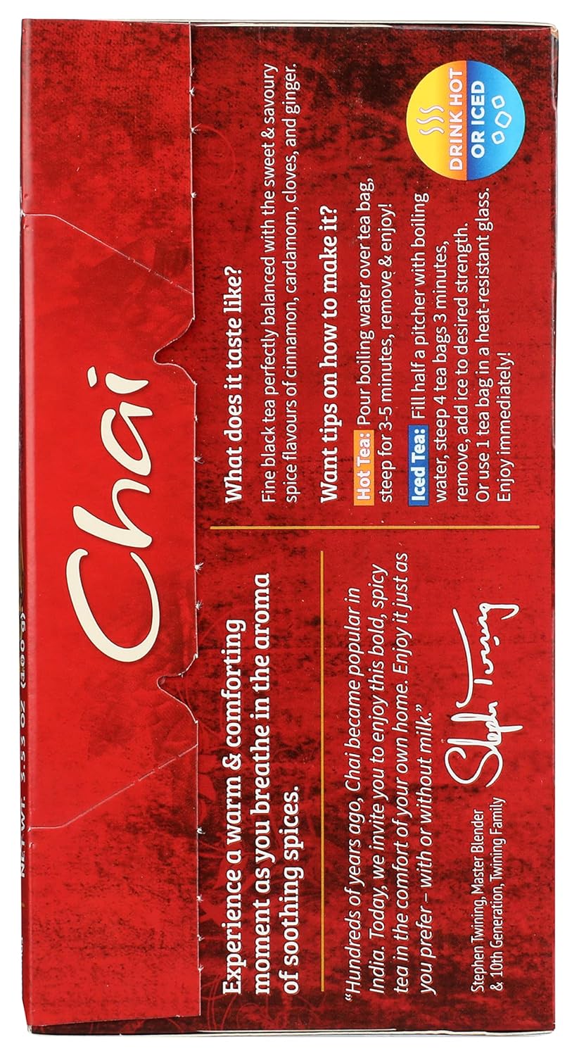 Twinings Chai Black Tea Individually Wrapped Bags, Sweet, Savoury Spices, Caffeinated, Enjoy Hot or Iced - 50 Count