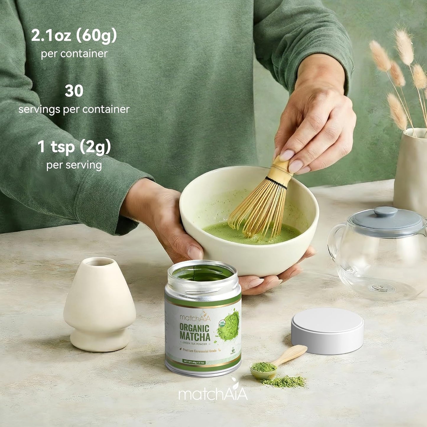 MatchAiA Organic Matcha Powder, Premium Ceremonial Grade, 60g/2.1oz Tin | 100% pure green tea matcha, first spring harvest, certified organic, sugar free, gluten free, vegan, tea ceremonies &amp; lattes