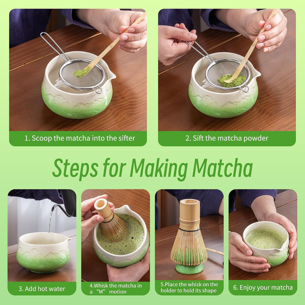 TEANAGOO 7 Pcs Matcha Whisk Set,Green Matcha Set, Ceremony Matcha Powder Kit,Matcha Tea Set for Making Latte,Matcha Whisk Set and Bowl with Scoop&amp;Sifter,Fuji Design Ceramic Bowl,Gift for Matcha Lovers