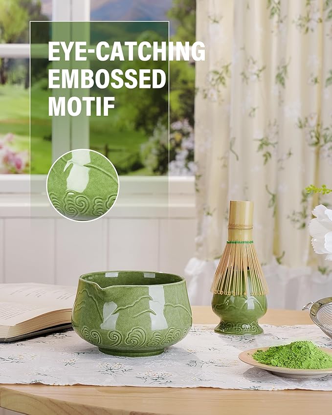 Zens Matcha Whisk Set, 15oz Ceramic Matcha Bowl with Spout and Bamboo Whisk, (Chasen Holder) Scoop & Tea Towel, 5pcs Matcha Kit for Matcha Ceremony