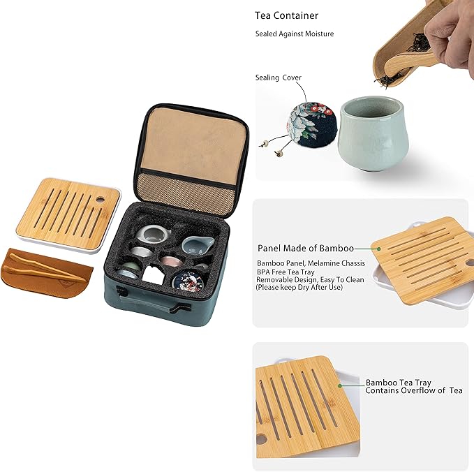 Ceramic Kungfu Tea Sets 12 Piece,Mini Protable Travel Tea Set With Tea Pot, 4x Tea Cups, Bamboo Tea Tray, Tea Canister, Travel Bag