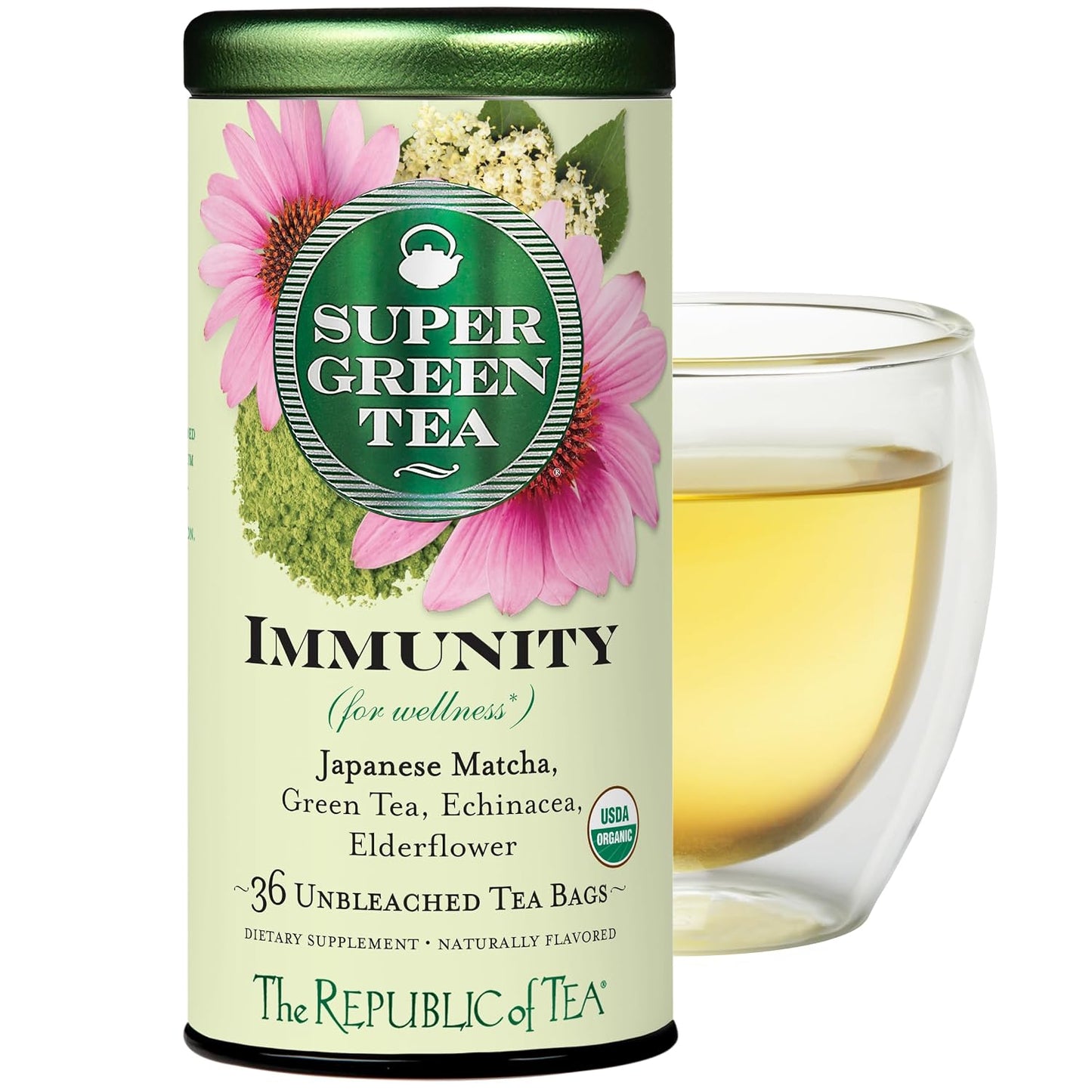 The Republic of Tea SuperGreen Organic Immunity Green Tea, 36 Count | Naturally Caffeinated. Made for morning or afternoon. Fresh with notes of warming ginger. Made with matcha.