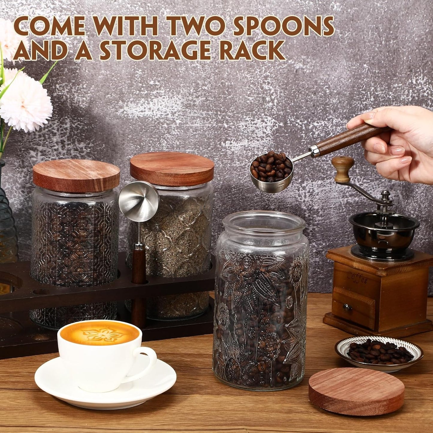 Suclain 3 Pcs Glass Coffee Bean Container 44 oz Airtight Coffee Canister with Shelf Measuring Spoon Kitchen Food Canister Jar for Sugar Candy(34 oz,Patterned Style,Wood, Glass, Stainless Steel)