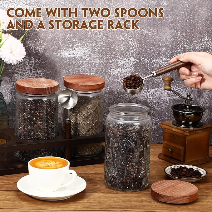 Suclain Glass Coffee Grounds Container with Shelf 3 x 34 oz Glass Coffee Bean Storage Canisters with Airtight Thread Lid and Measuring Spoon Food