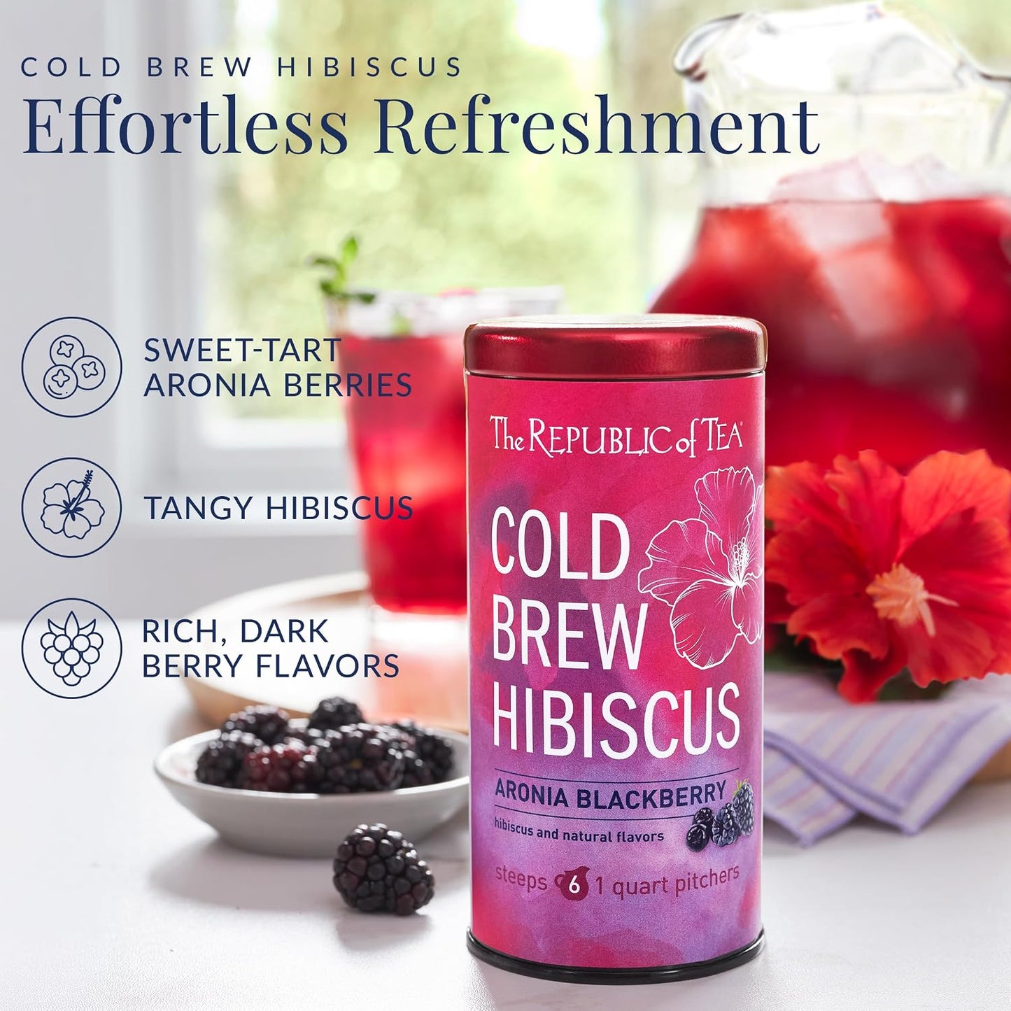 The Republic of Tea Cold Brew Hibiscus Aronia Blackberry Iced Tea, 6 Ct | Herbal Tea, Caffeine Free, Cold Brew Hibiscus with Dark Berry Flavor, Rosehips and Aronia Berry Bits