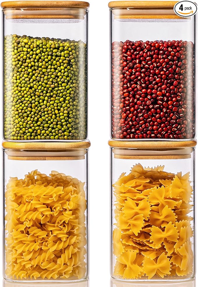 42oz - 4 Pack Square Glass Jars with Bamboo Lids, Glass Food Storage Containers with Airtight Lids f
