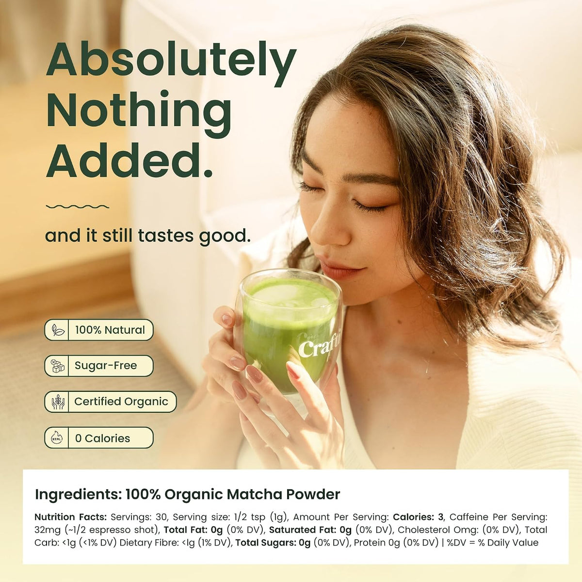 Crafti Ceremonial Grade Matcha Powder | Organic | 100% First Harvest | Unsweetened Authentic Japanese Daily Matcha Green Tea Powder (30g / 1.06oz)