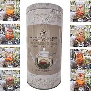 Botanical Flowering Gourmet Tea - 12 Unique Varieties of Fresh Blooming Tea Flowers - Hand-Tied Natural Herbal Tea Leaves & Edible Flowers - 12-Pack Gift Canister - 36 Steeps, Makes 250 Cups