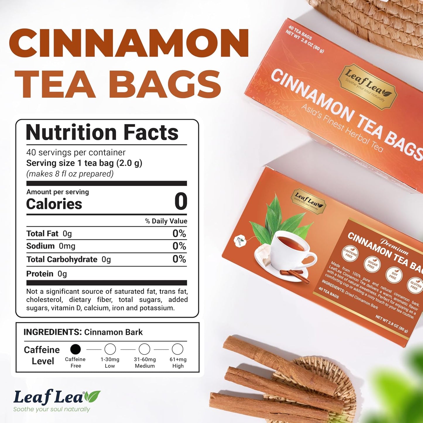 LeafLea Cinnamon Tea Bags, Warming Spice Family Value, 120 Count | Pure Single-Ingredient Cinnamon, Sugar-Free, Caffeine-Free, Individually Foil-Wrapped, 3-Box Stock-Up, Vegan, Non-GMO