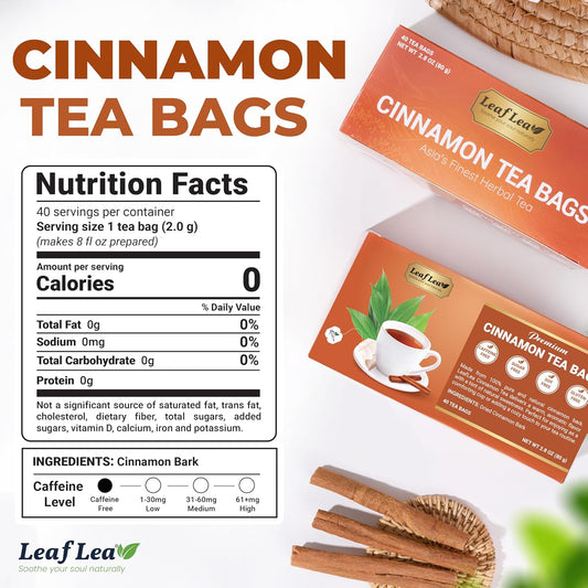 LeafLea Cinnamon Tea Bags, Warming Spice Family Value, 120 Count | Pure Single-Ingredient Cinnamon, Sugar-Free, Caffeine-Free, Individually Foil-Wrapped, 3-Box Stock-Up, Vegan, Non-GMO