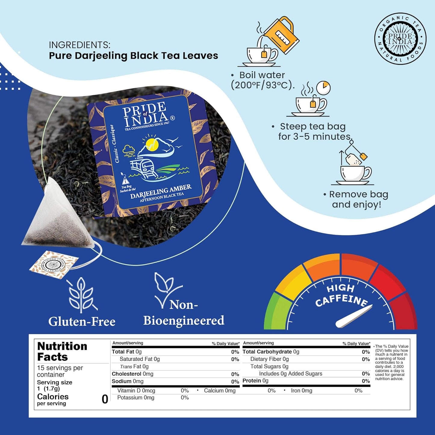 Pride of India Darjeeling Amber Black Tea 1 oz (28.3g) – 15 Tea Bags Individually Wrapped | Full Leaf Darjeeling Tea with Smooth Musky Floral Flavor for Hot or Iced Drinks | Single Estate Certified