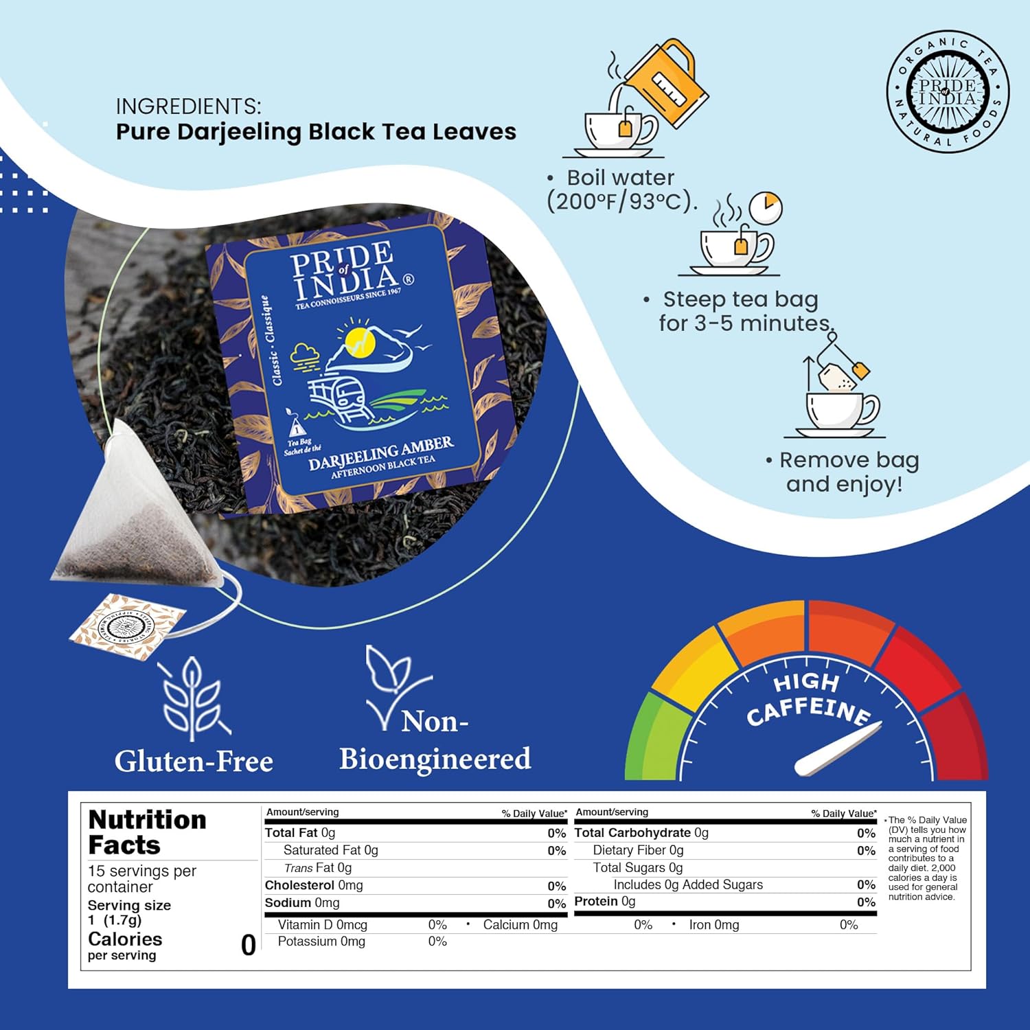 Pride of India Darjeeling Amber Black Tea 1 oz (28.3g) – 15 Tea Bags Individually Wrapped | Full Leaf Darjeeling Tea with Smooth Musky Floral Flavor for Hot or Iced Drinks | Single Estate Certified