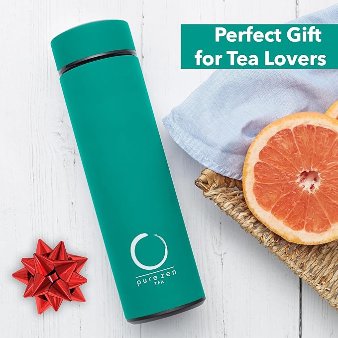 Pure Zen Tea Thermos with Infuser for Hot and Cold Infusions - Stainless Steel - Tea Infuser Bottle - Leakproof Travel Mug with Filter - 15oz