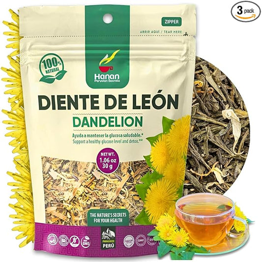 Hanan Dandelion Loose Herb Tea 3.2oz (90g Diente de Leon) - Pack of 3 Pouches with 30 Grams Each of All-Natural Dandelion Root Flower Plant Leaves from Peru
