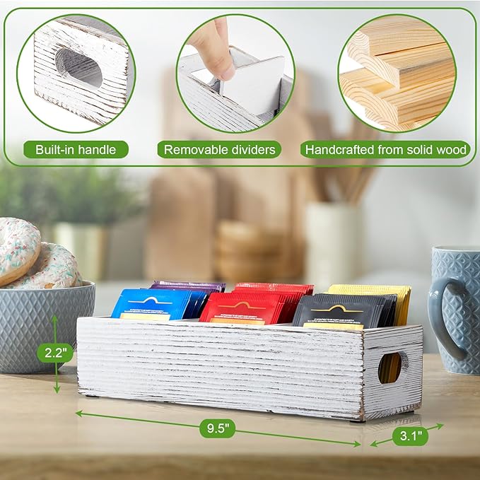 Drastar Tea Bag Organizer with 3 Slots, Wooden Sugar Packet Holder, Mini Tea Bag Caddy Box for Countertop, Retro White