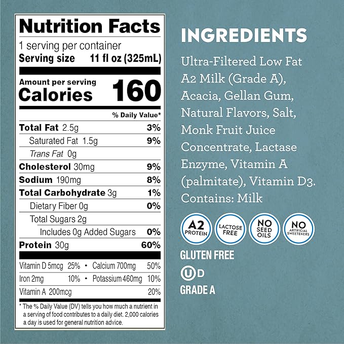 Pioneer Pastures - High Protein A2 Milkshakes - Vanilla - A2 Nutritional Milk, 30g Protein, 2g Sugar, No Sweeteners, No Seed Oils - All-Natural