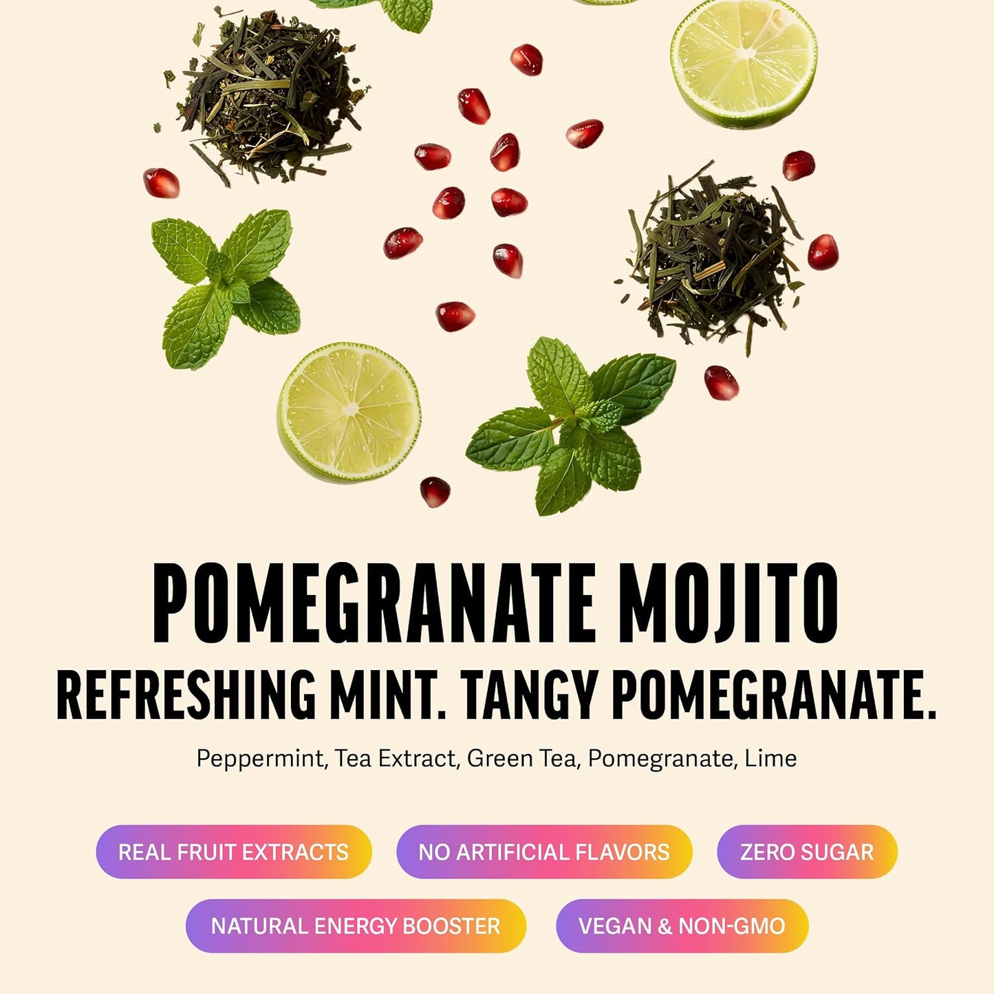 Zest Energy Green Tea – Pomegranate Mojito High Caffeine Tea Bags for Focus &amp; Morning Energy – Natural Caffeinated Tea with 135mg Caffeine – Coffee Substitute – 20Ct Pack, Non-GMO &amp; Keto Friendly