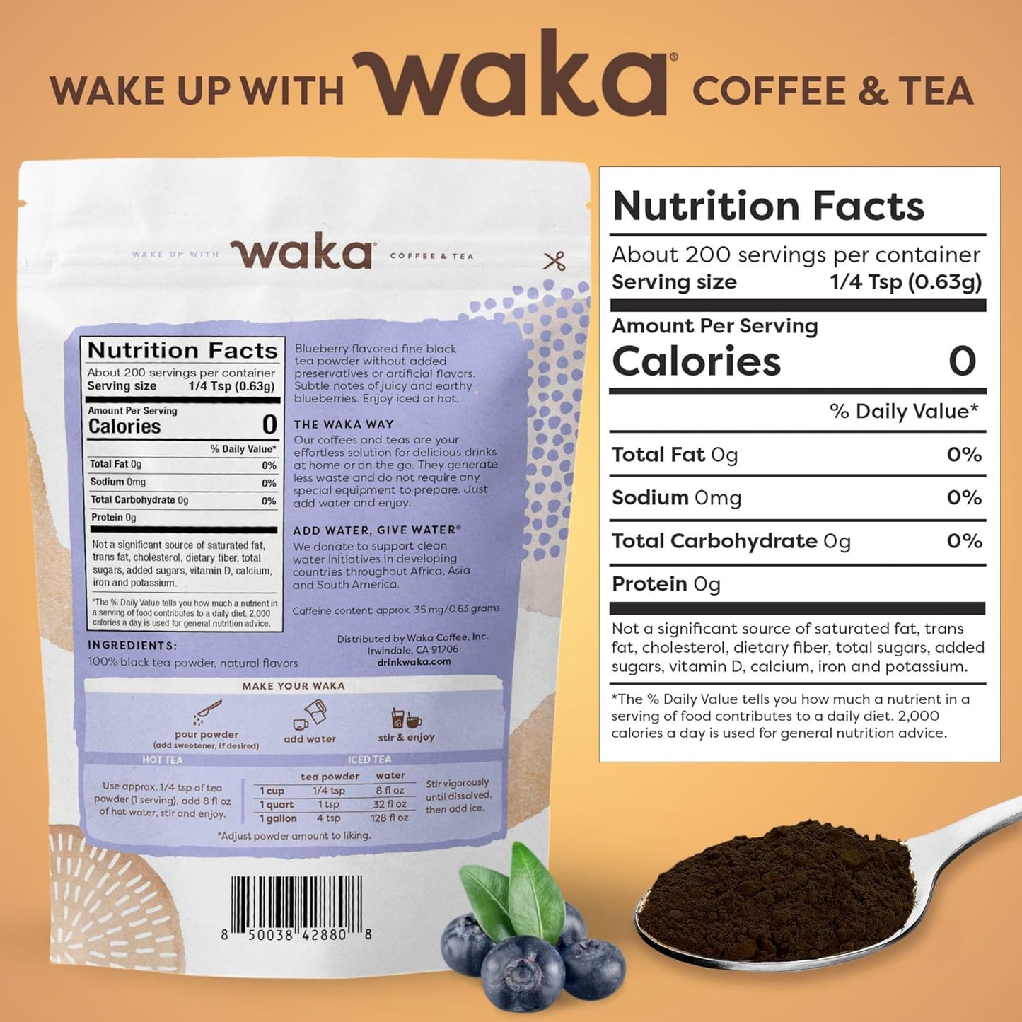 Waka Instant Black Tea Mix, Blueberry Flavored - 100% Tea Leaves, No Additives, Unsweetened Tea Powder for 50 Quarts or 200 Cups – Easy and Quick Hot or Iced Teas (4.5oz)