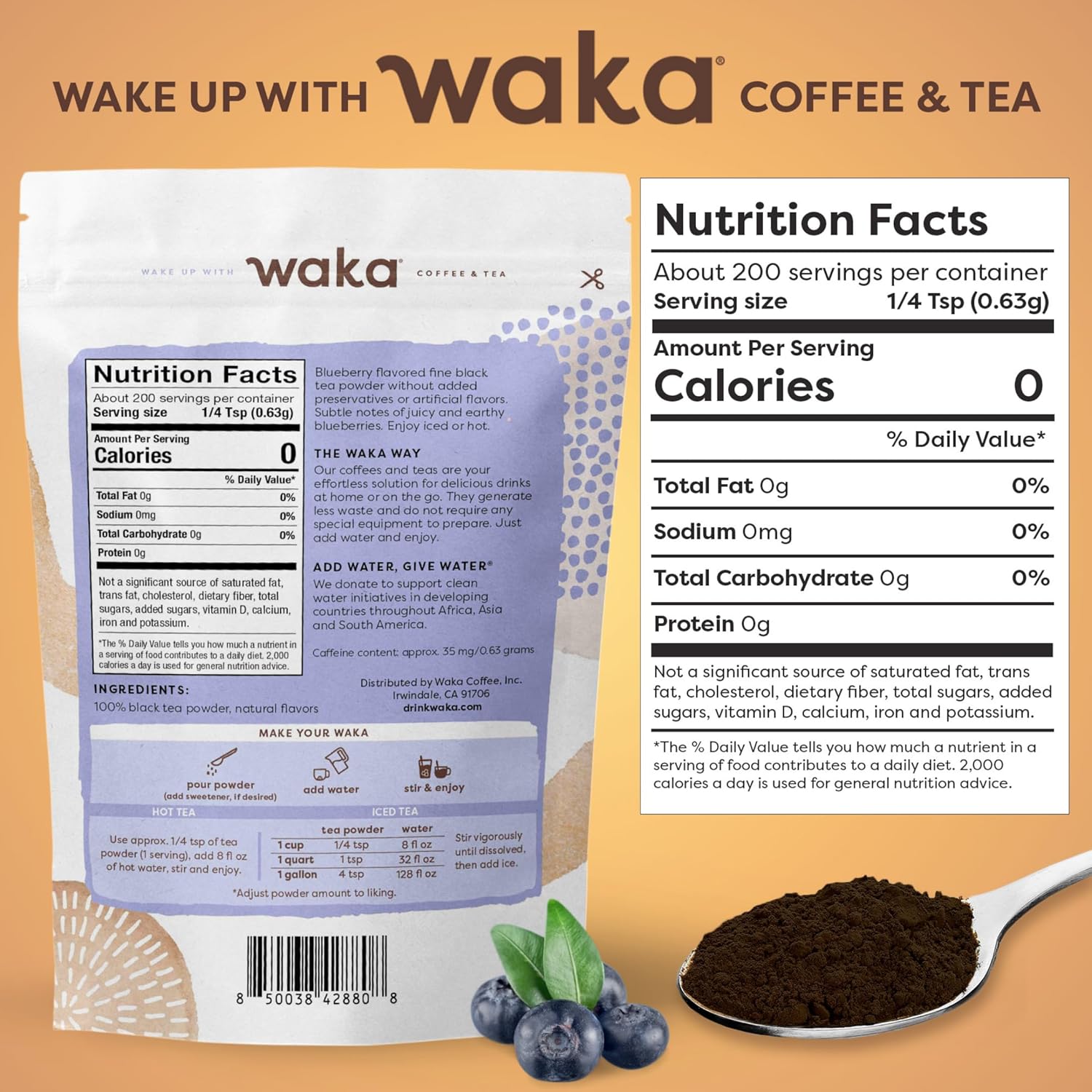 Waka Instant Black Tea Mix, Blueberry Flavored - 100% Tea Leaves, No Additives, Unsweetened Tea Powder for 50 Quarts or 200 Cups – Easy and Quick Hot or Iced Teas (4.5oz)