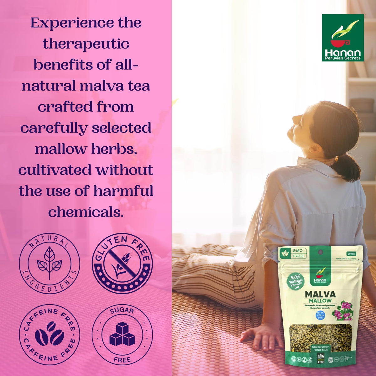 HANAN PERUVIAN SECRETS Hanan Mallow Tea Loose Leaf - Te de Malva 30g Herbal Tea Dried Malva Sylvestris Plant Leaves from Peru