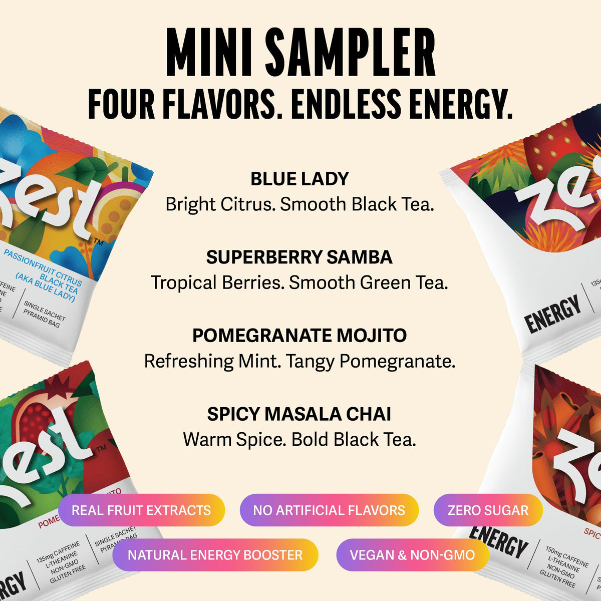 Zest High Caffeine Tea – Variety Pack – Flavored Black & Green Blends, 3X Caffeine Energy Teas, Strong Natural Coffee