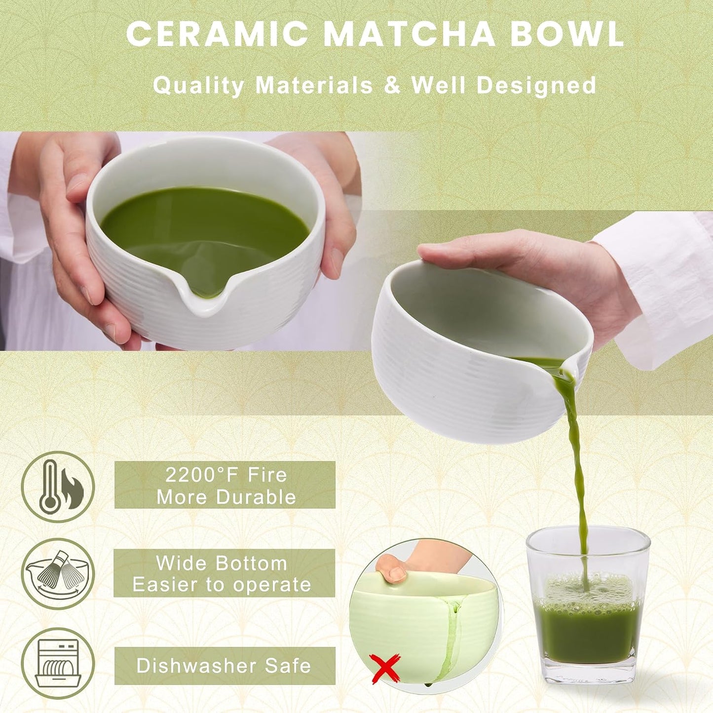 Matcha Whisk Set Matcha Bowl with Spout,Matcha Whisk with Matcha Whisk Holder,Matcha Sifter,Matcha Spoon and Scoop for Matcha Maker White, Normal, ZYMC-6Pcs01-White