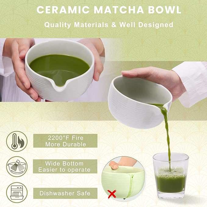 Matcha Whisk Set, Ceramic Matcha Set Includes Matcha Bowl, Matcha Whisk (Chasen) and Holder, Sifter, Bamboo Scoop & Spoon