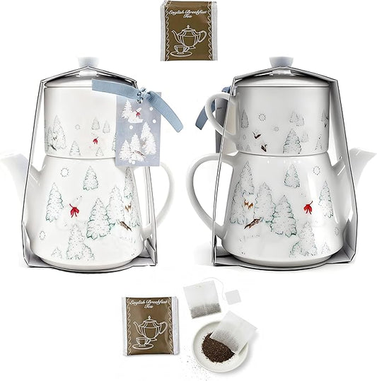 Christmas Teapot Set Ceramic Tea Pot with English Breakfast Tea, 17OZ Christmas Tree Tea Kettle with Mug as Birthday & New Year Gifts for Home & Kitchen Decor (Black Tea)