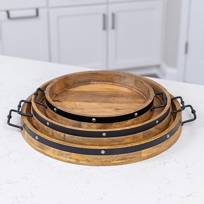 20" Extra Large Round Ottoman Tray, Heavy Duty Mango Wood, for Serving Tea, Breakfast in Bed
