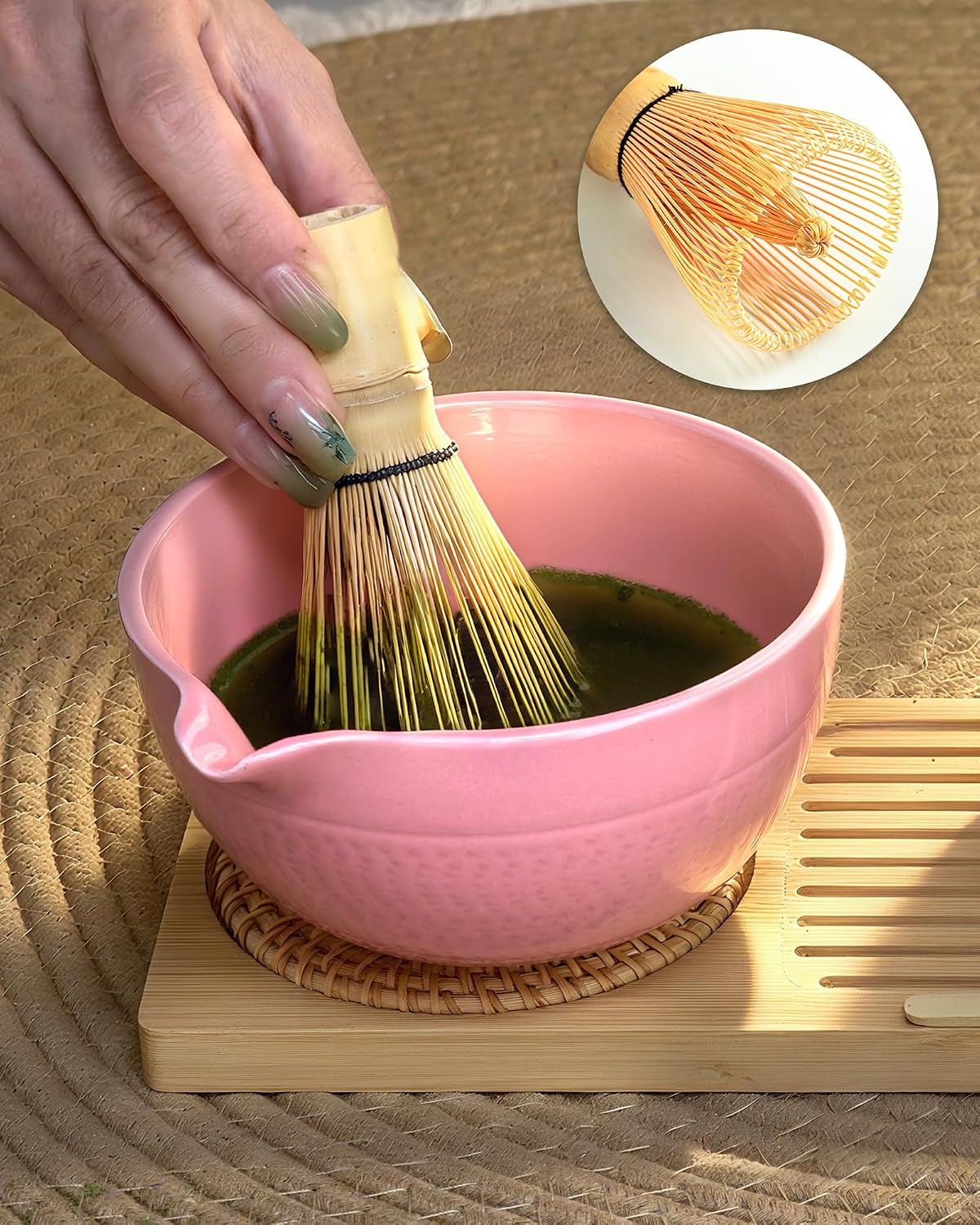 Mimiio Pink Matcha Whisk Set, 5 Pcs - Pink, Ceramic &amp; Bamboo, Japanese Traditional Matcha, Includes Bowl, Whisk, Holder, Sifter, Scoop